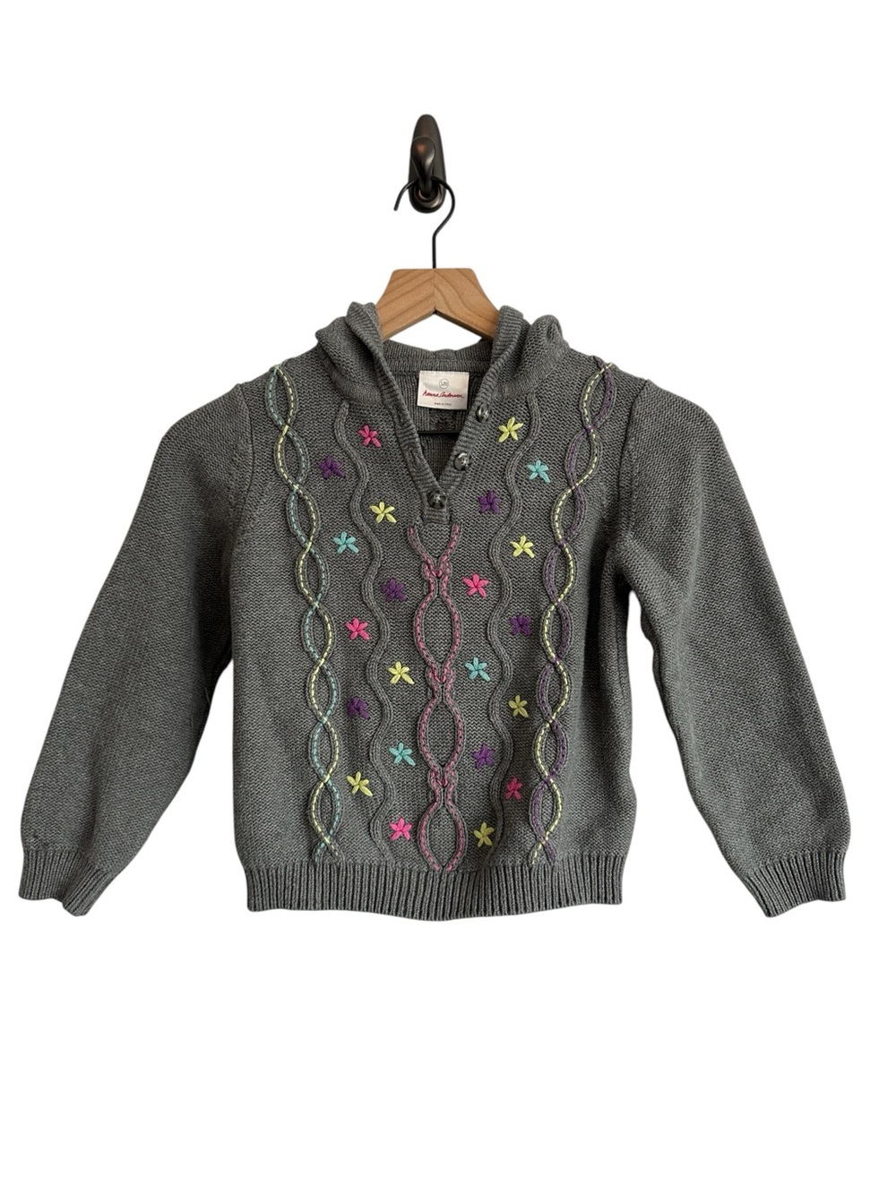 Hanna Anderson Girls Sweater 6 7 120 Gray Hooded Embroidered Fun Colorful Thick